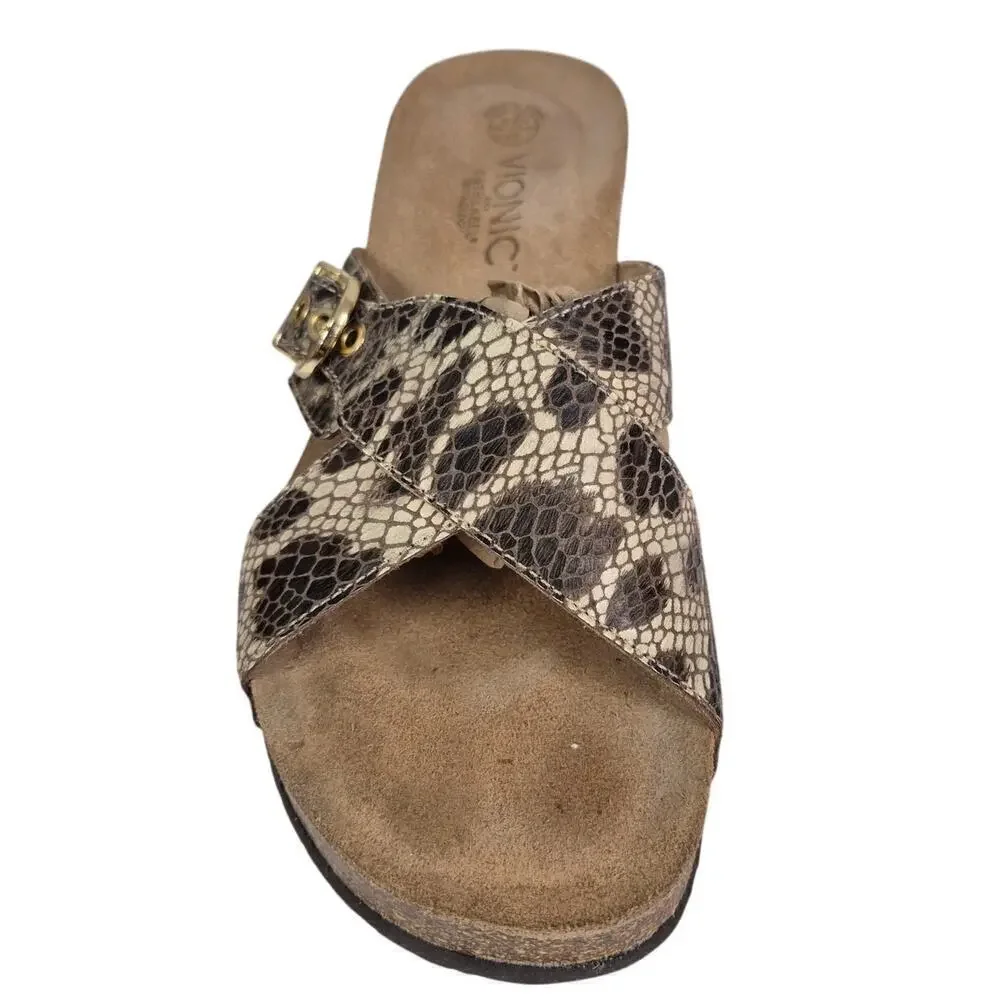 Vionic Orthaheel Danette Cork Wedge Sandal Snakeskin Crisscross Gold Buckle Sz 8